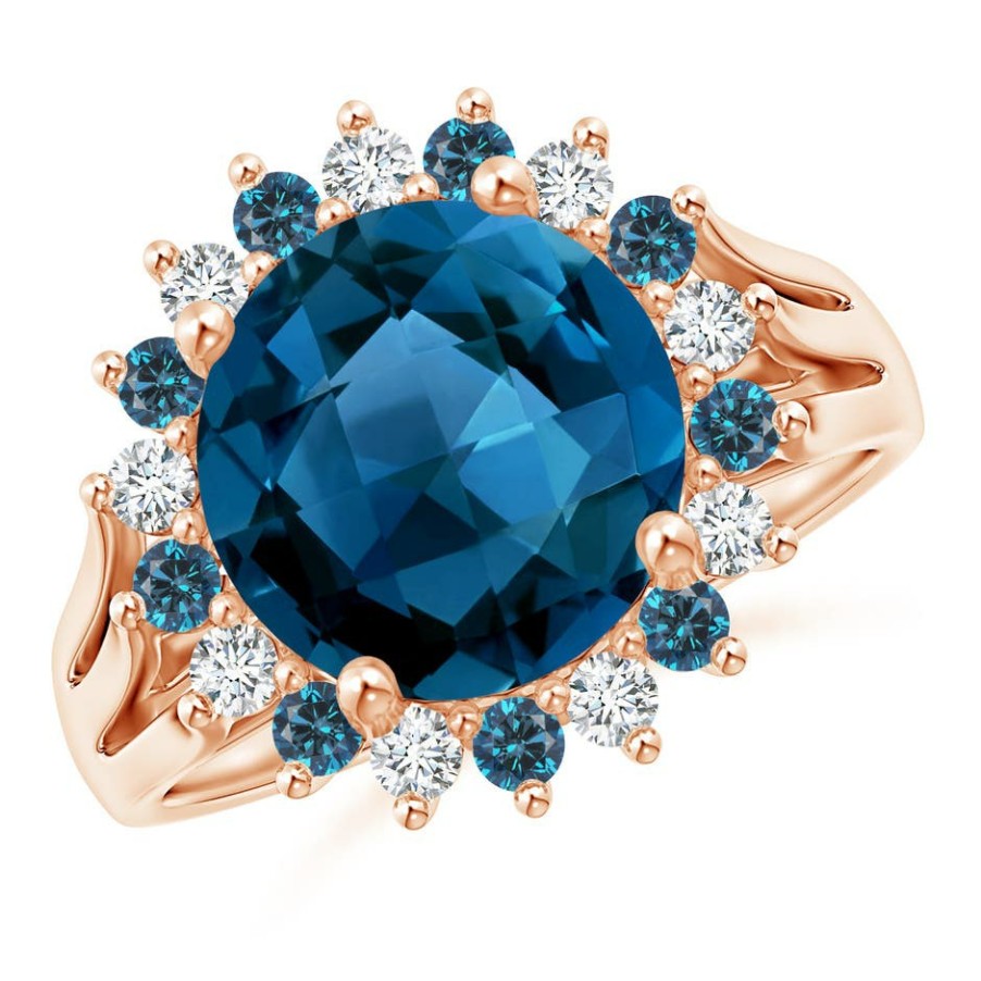 Rings Angara London Blue Topaz | London Blue Topaz Triple Shank Ring With Alternating Halo