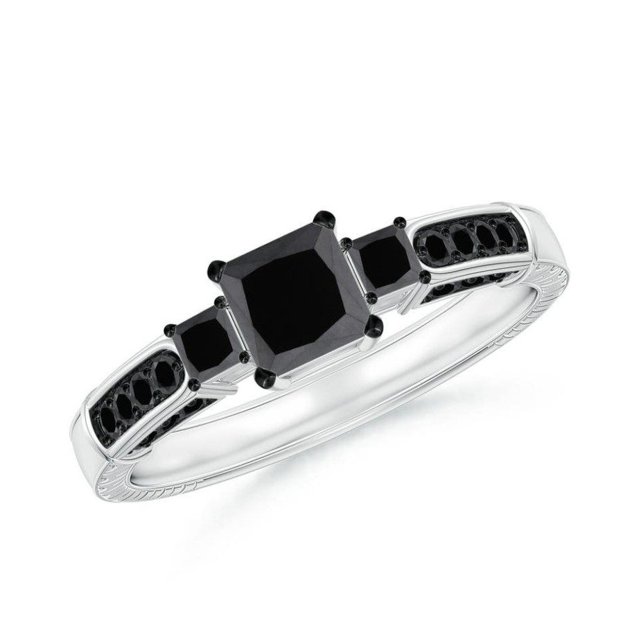 Rings Angara Enhanced Black | Princess-Cut Black Diamond Three Stone Ring