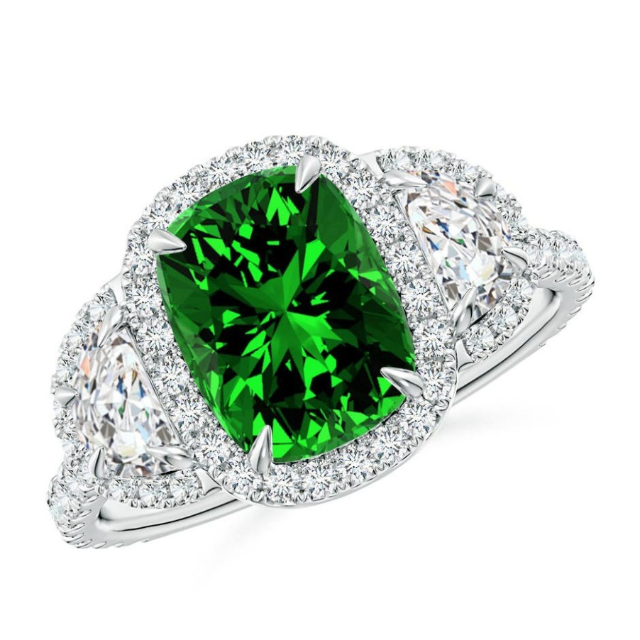 Rings Angara Emerald | Lab-Grown Cushion Emerald And Half Moon Diamond Halo Ring