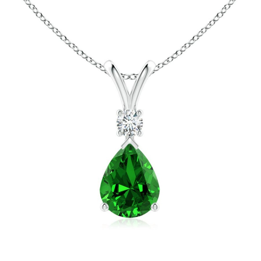 Necklaces Angara Emerald | Lab-Grown Emerald Teardrop Pendant With Lab Diamond