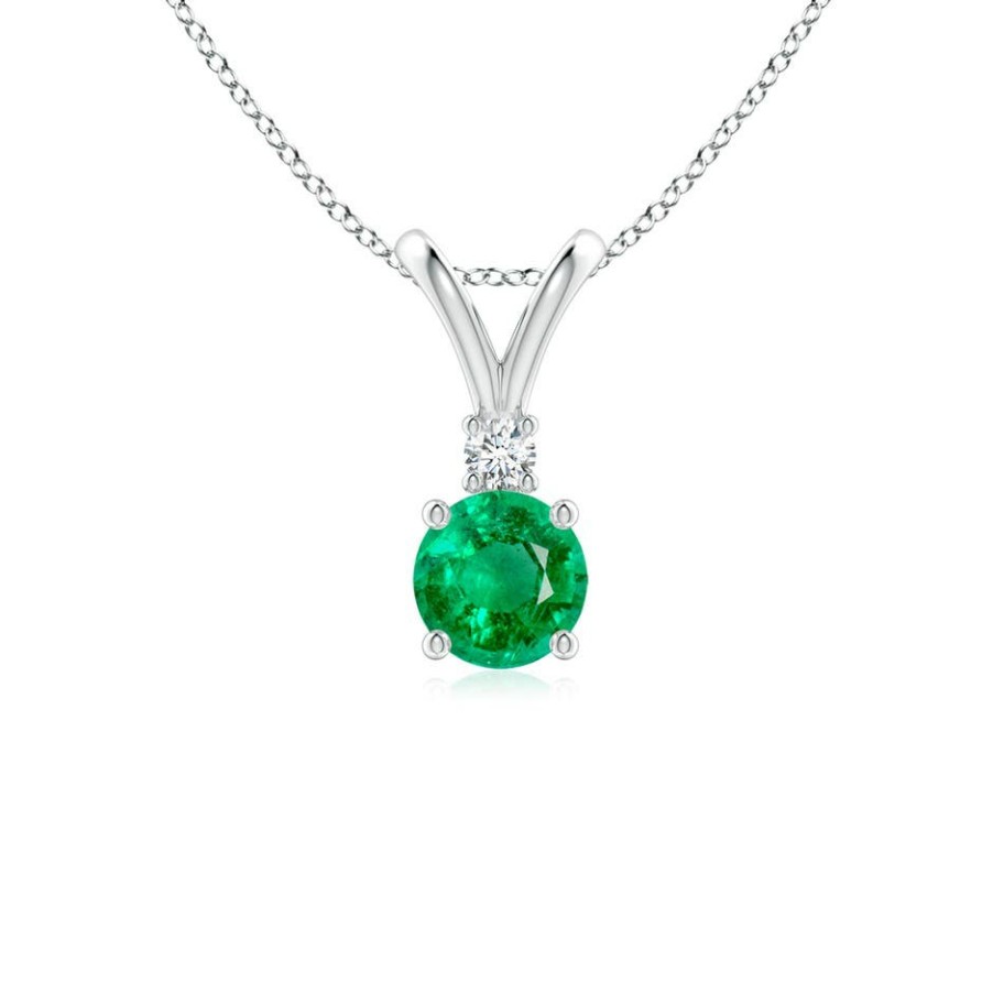 Necklaces Angara Emerald | Round Emerald Solitaire V-Bale Pendant With Diamond