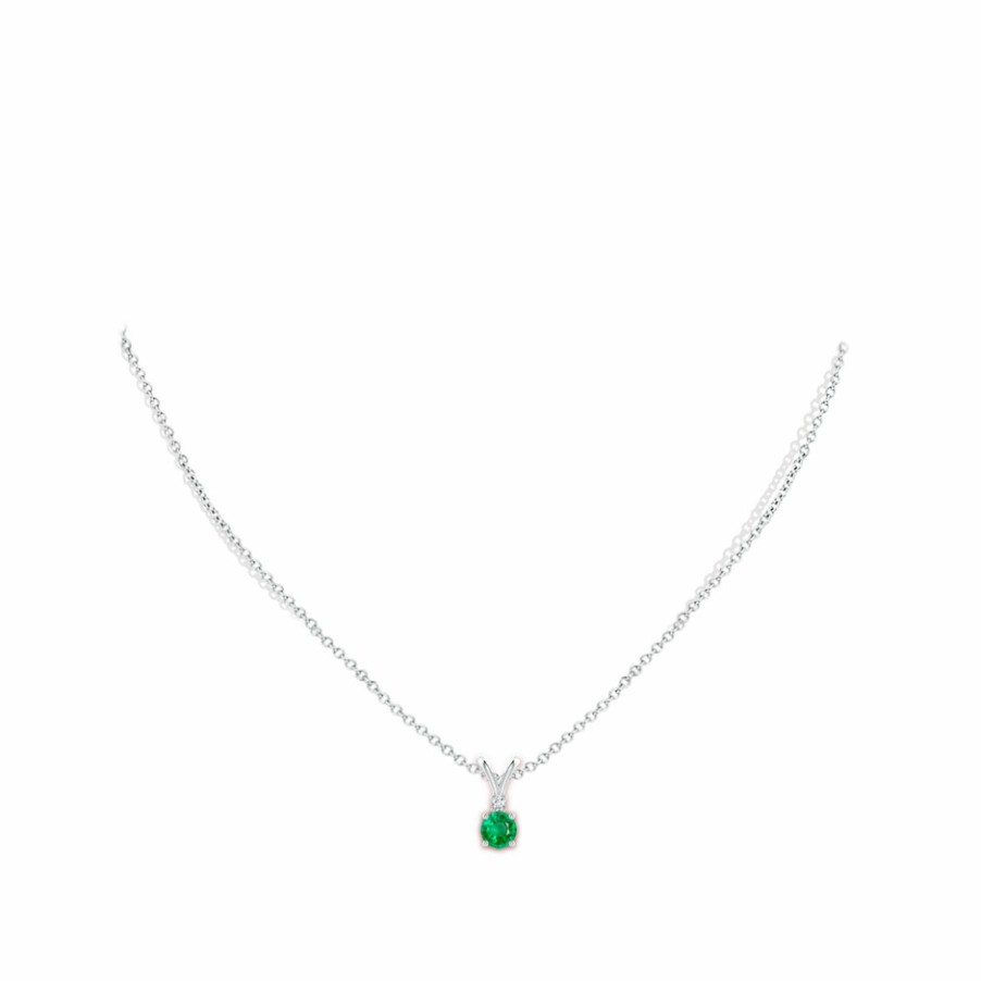 Necklaces Angara Emerald | Round Emerald Solitaire V-Bale Pendant With Diamond