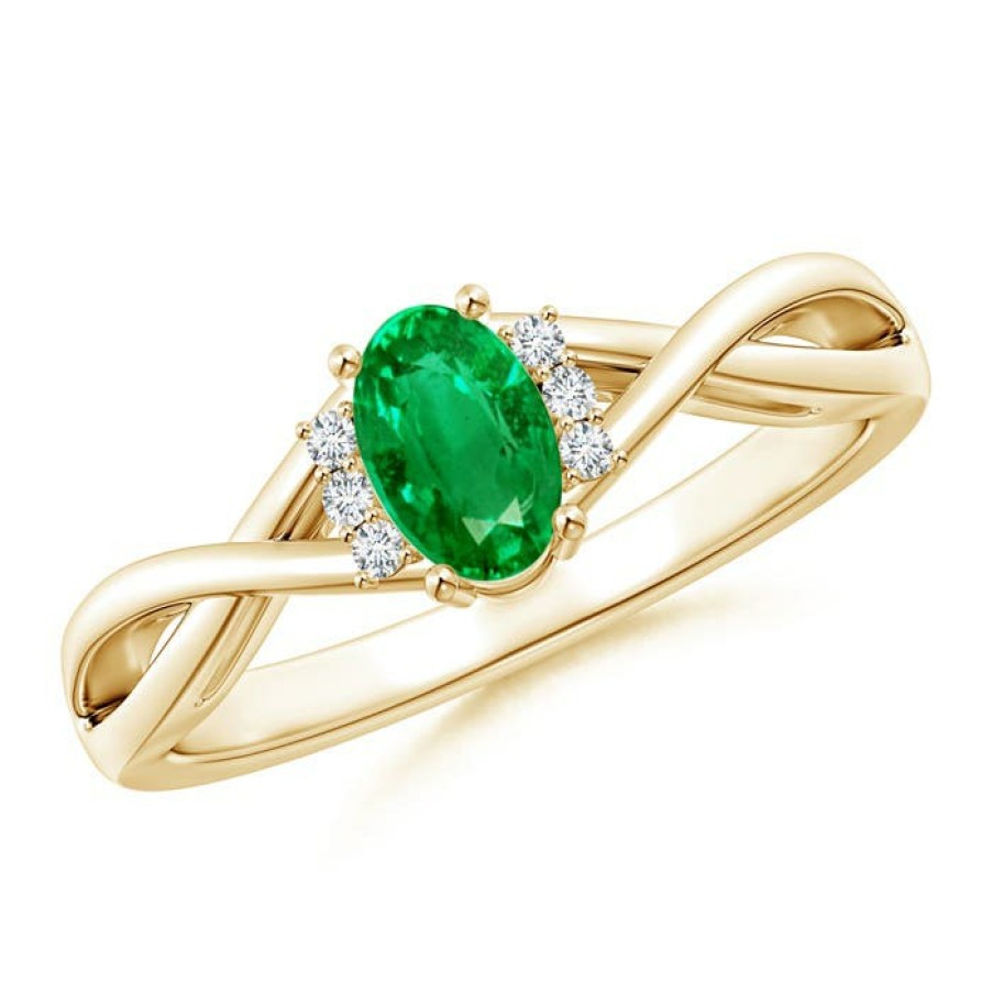 Rings Angara Emerald | Oval Emerald Crossover Ring With Diamond Accents