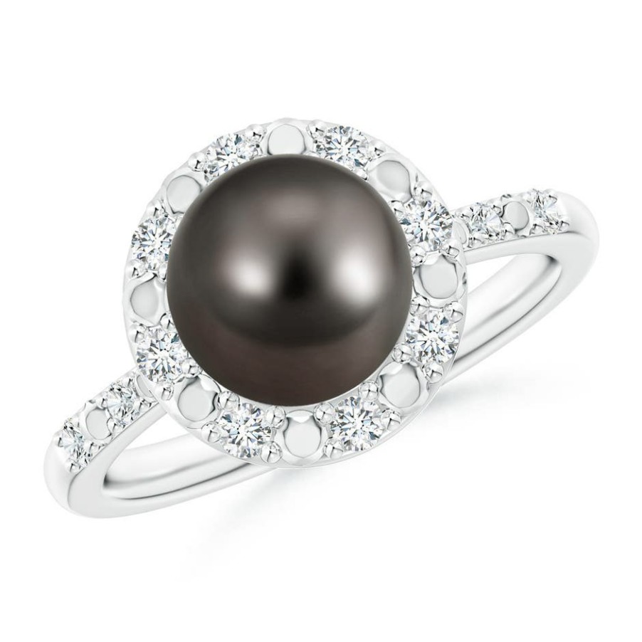 Rings Angara Tahitian Pearl | Classic Tahitian Pearl And Diamond Halo Ring