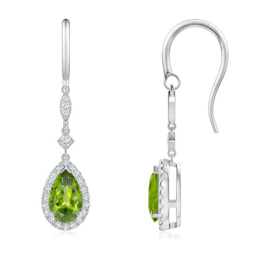 Earrings Angara Peridot | Pear-Shaped Peridot Drop Earrings With Diamond Halo