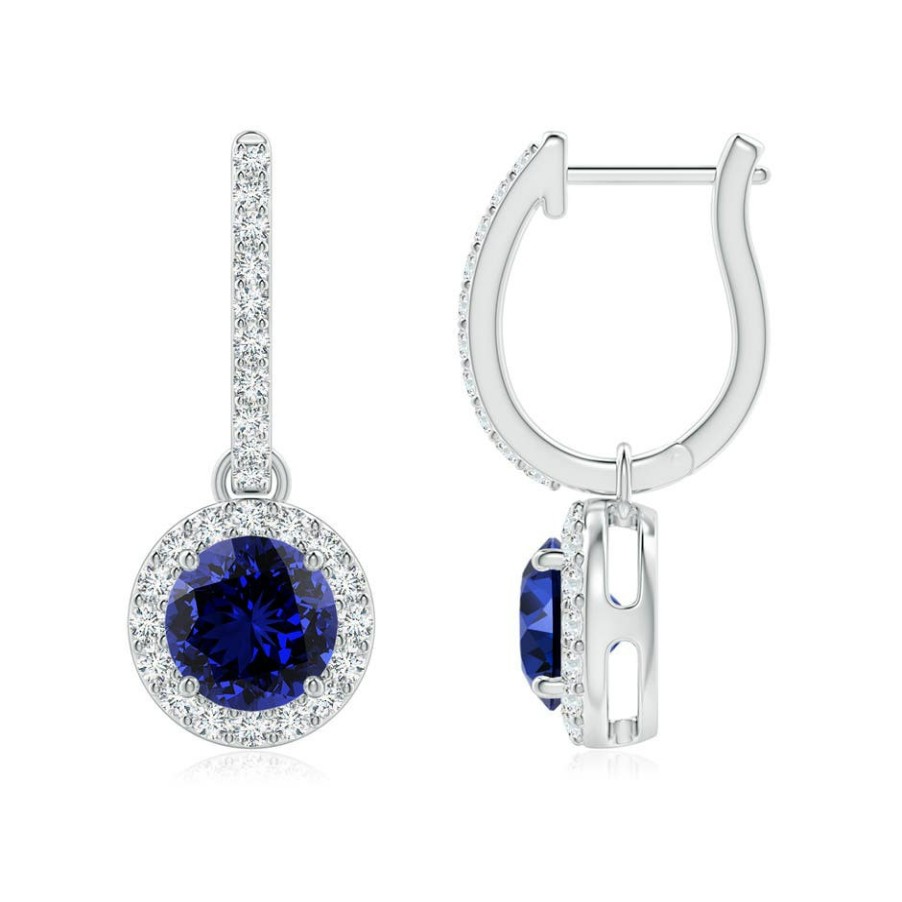 Earrings Angara Blue Sapphire | Lab-Grown Round Blue Sapphire Dangle Earrings With Lab Diamond Halo