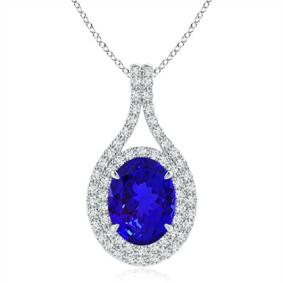 Necklaces Angara Tanzanite | Oval Tanzanite Double Halo Loop Pendant