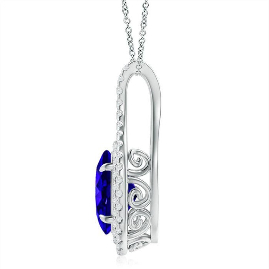 Necklaces Angara Tanzanite | Oval Tanzanite Double Halo Loop Pendant