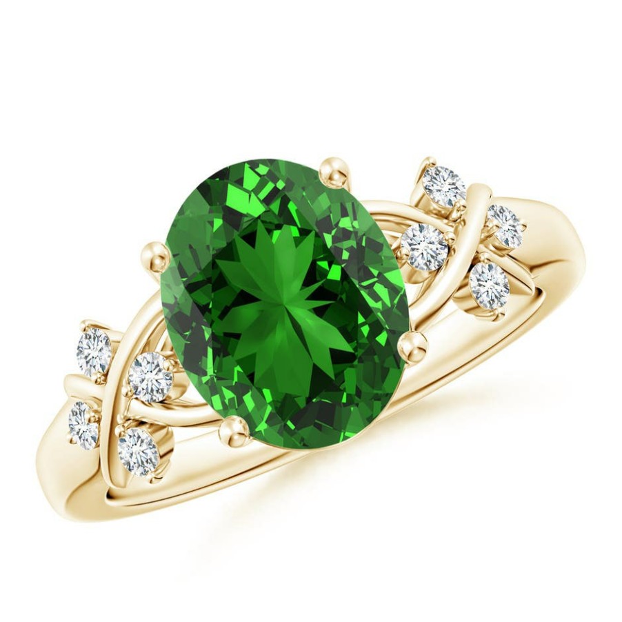 Rings Angara Emerald | Lab-Grown Solitaire Oval Emerald Criss Cross Ring With Lab Diamonds