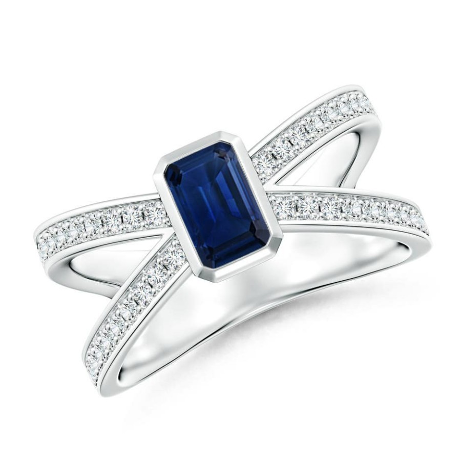 Rings Angara Blue Sapphire | Emerald-Cut Blue Sapphire Criss Cross Solitaire Ring