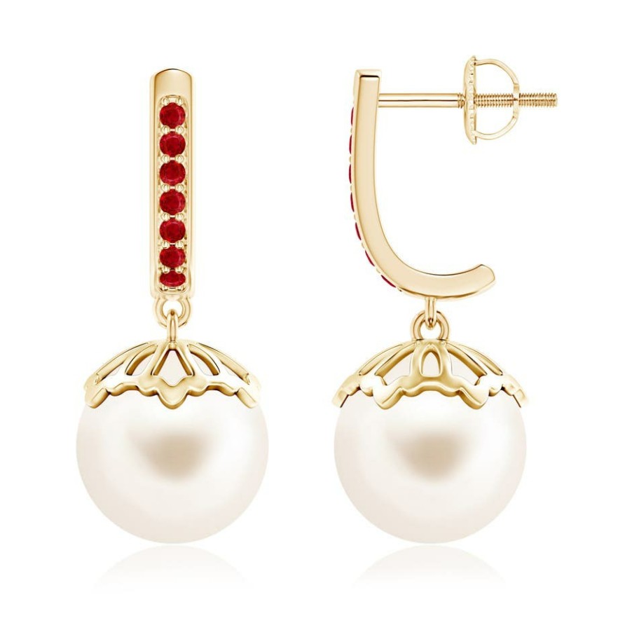 Earrings Angara Freshwater Pearl | Classic Freshwater Pearl & Ruby Dangle Earrings