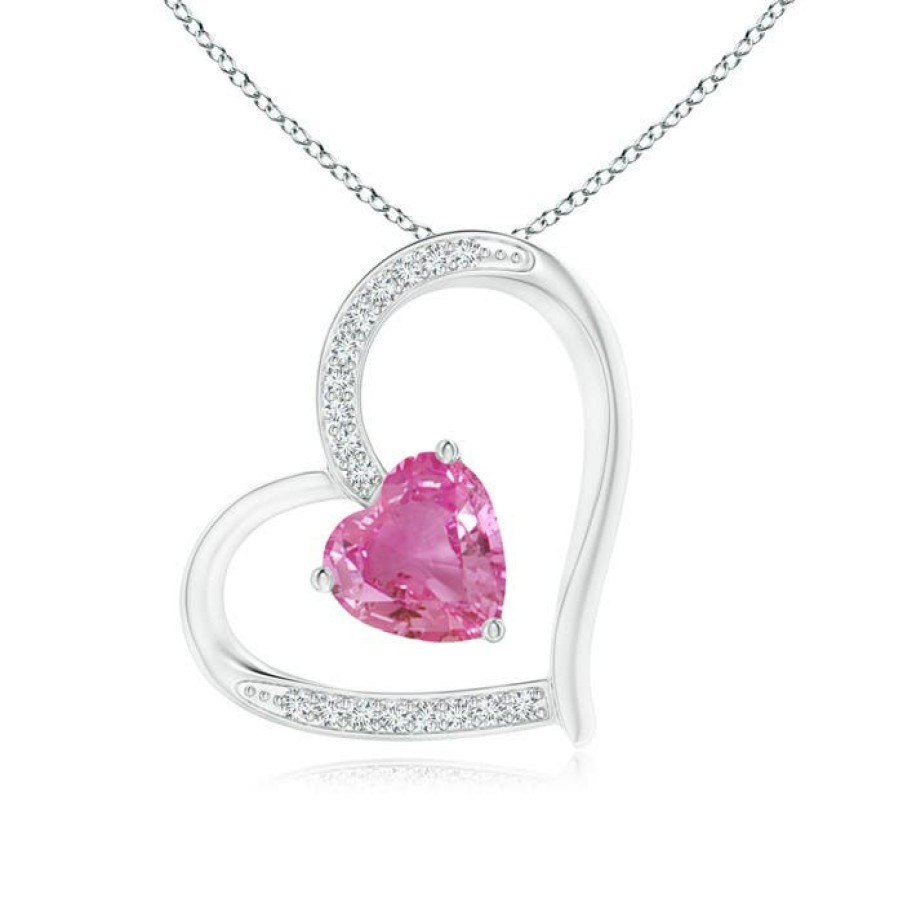 Necklaces Angara Pink Sapphire | Pink Sapphire And Diamond Tilted Heart Pendant