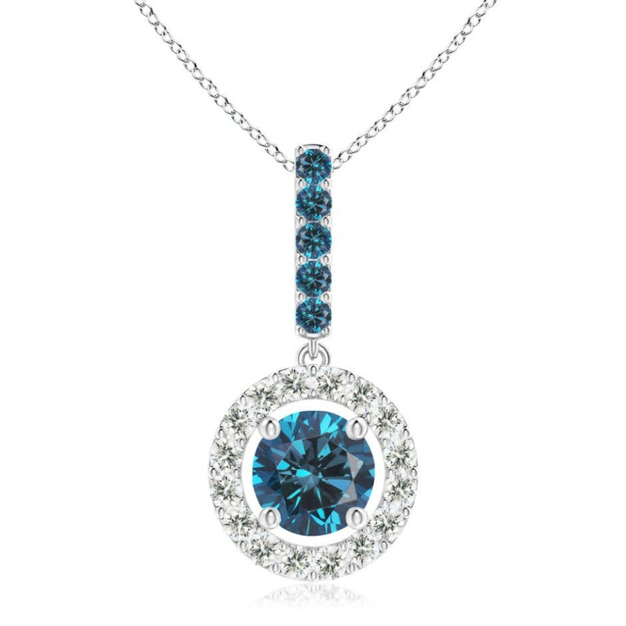 Necklaces Angara Enhanced Blue | Round Blue Diamond Floating Halo Pendant