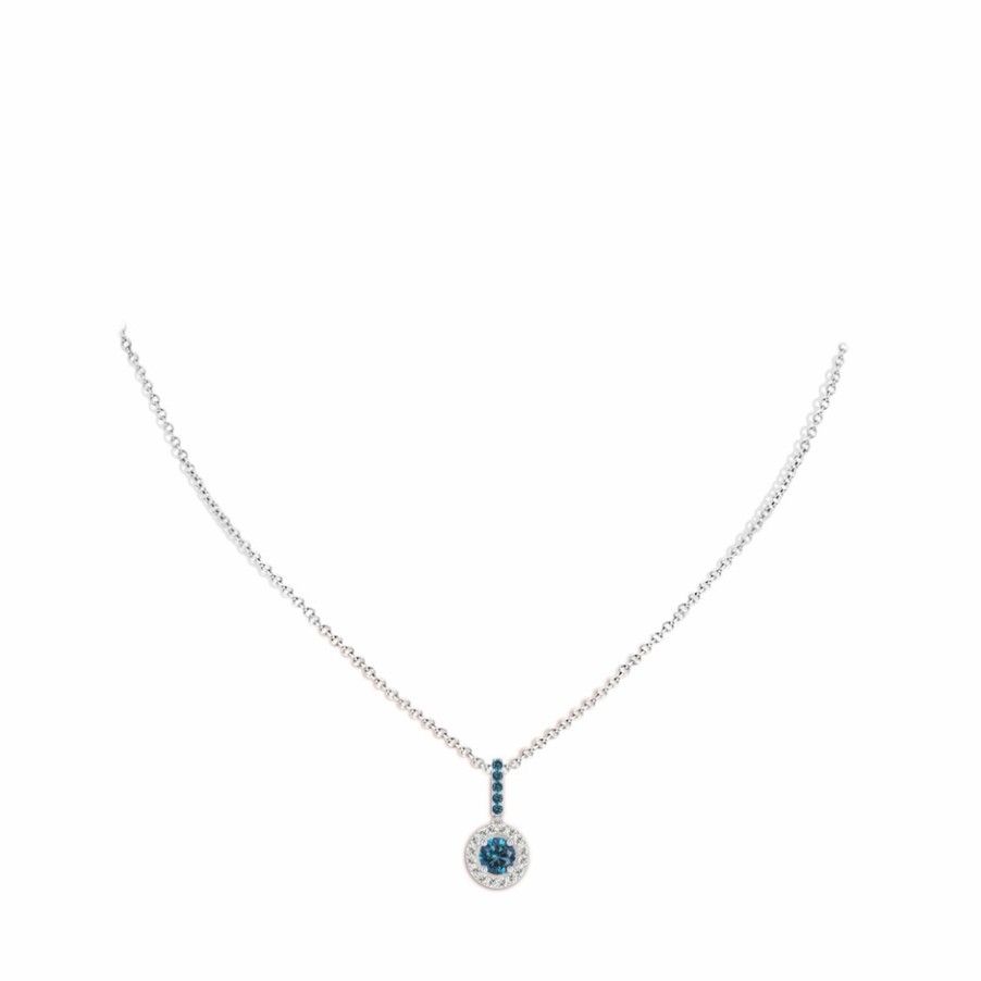 Necklaces Angara Enhanced Blue | Round Blue Diamond Floating Halo Pendant