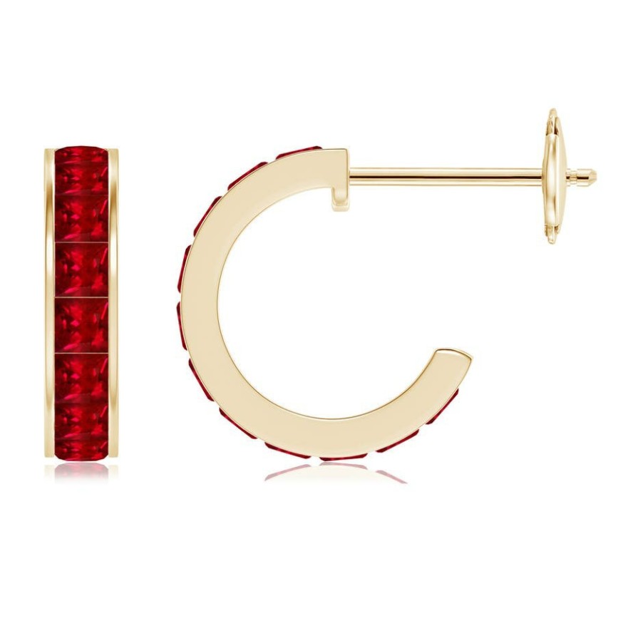 Earrings Angara Ruby | Channel-Set Square Ruby Huggie Hoop Earrings