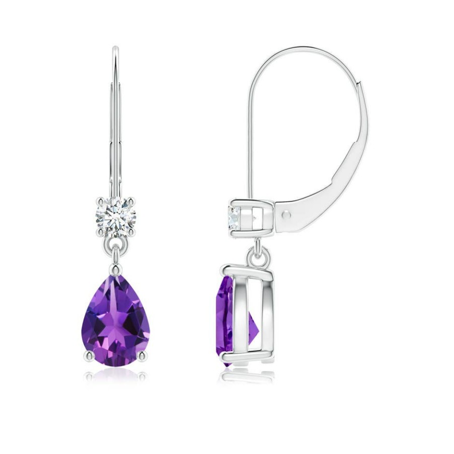 Earrings Angara Amethyst | Pear Amethyst Leverback Drop Earrings With Diamond