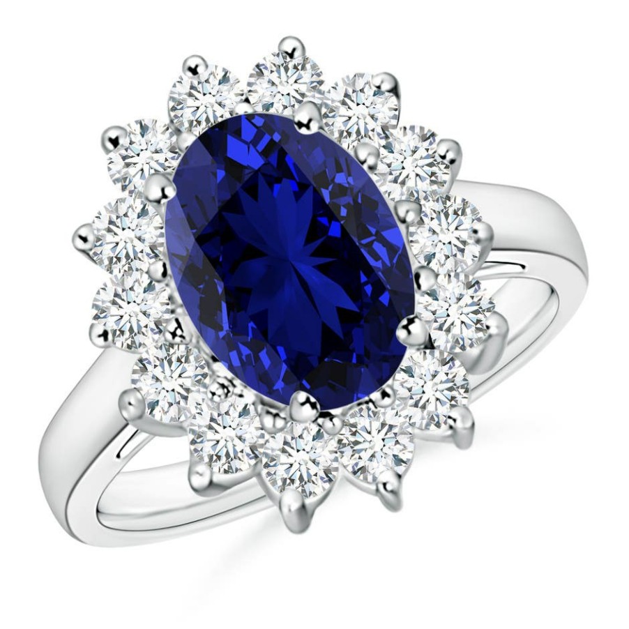 Rings Angara Blue Sapphire | Lab-Grown Princess Diana Inspired Blue Sapphire Ring With Lab Diamond Halo