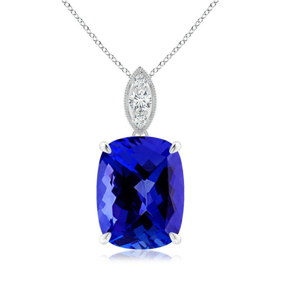 Necklaces Angara Tanzanite | Cushion Tanzanite Pendant With Diamond Leaf Bale