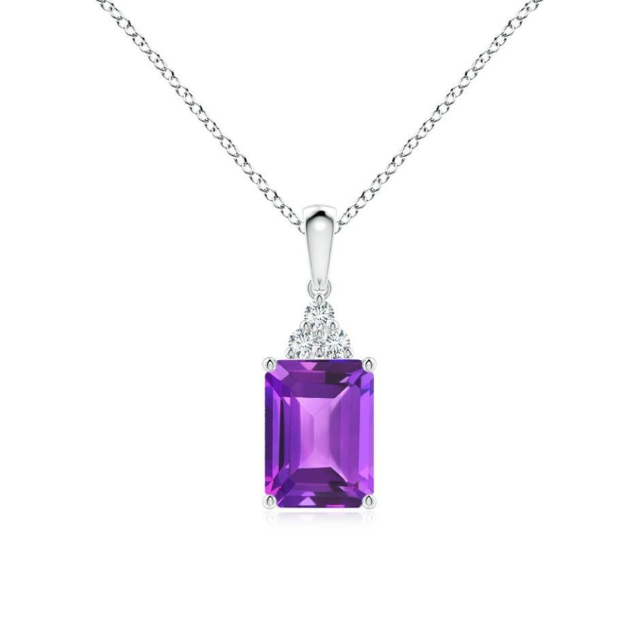 Necklaces Angara Amethyst | Emerald-Cut Amethyst Pendant With Diamond Trio