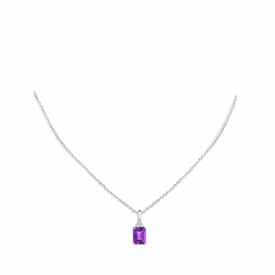 Necklaces Angara Amethyst | Emerald-Cut Amethyst Pendant With Diamond Trio