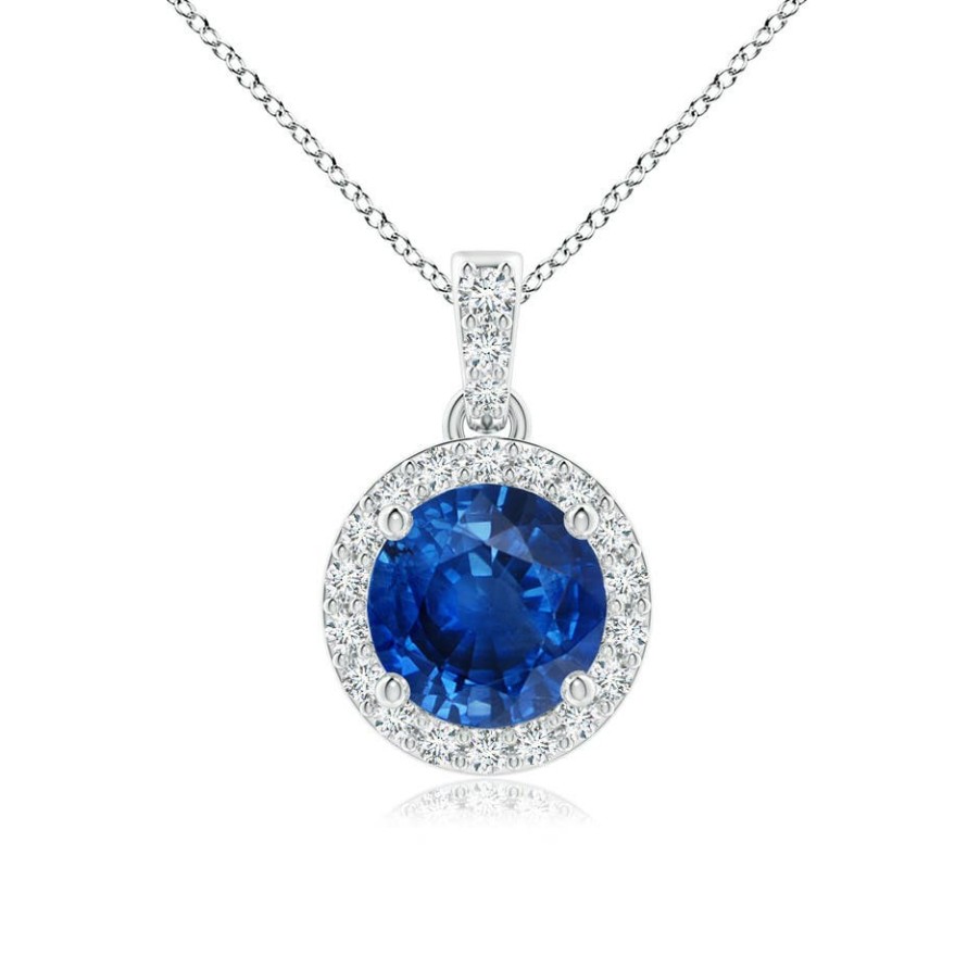 Necklaces Angara Blue Sapphire | Round Sapphire Dangle Pendant With Diamond Halo