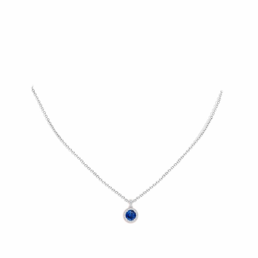 Necklaces Angara Blue Sapphire | Round Sapphire Dangle Pendant With Diamond Halo