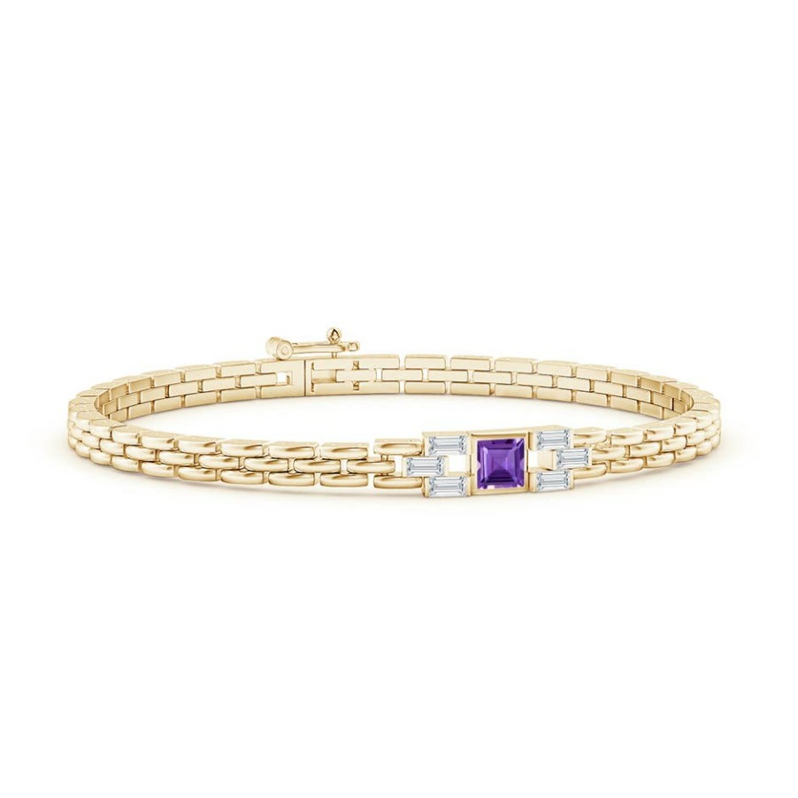 Bracelets Angara Amethyst | Square Amethyst & Baguette Diamond Rectangle Link Bracelet