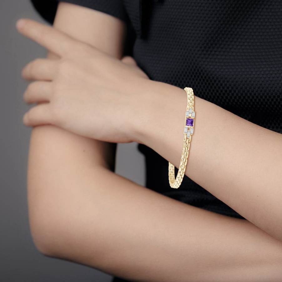 Bracelets Angara Amethyst | Square Amethyst & Baguette Diamond Rectangle Link Bracelet