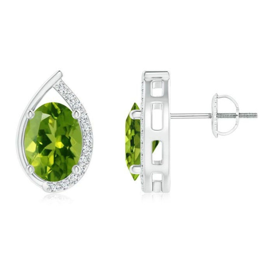 Earrings Angara Peridot | Teardrop Framed Oval Peridot Solitaire Stud Earrings