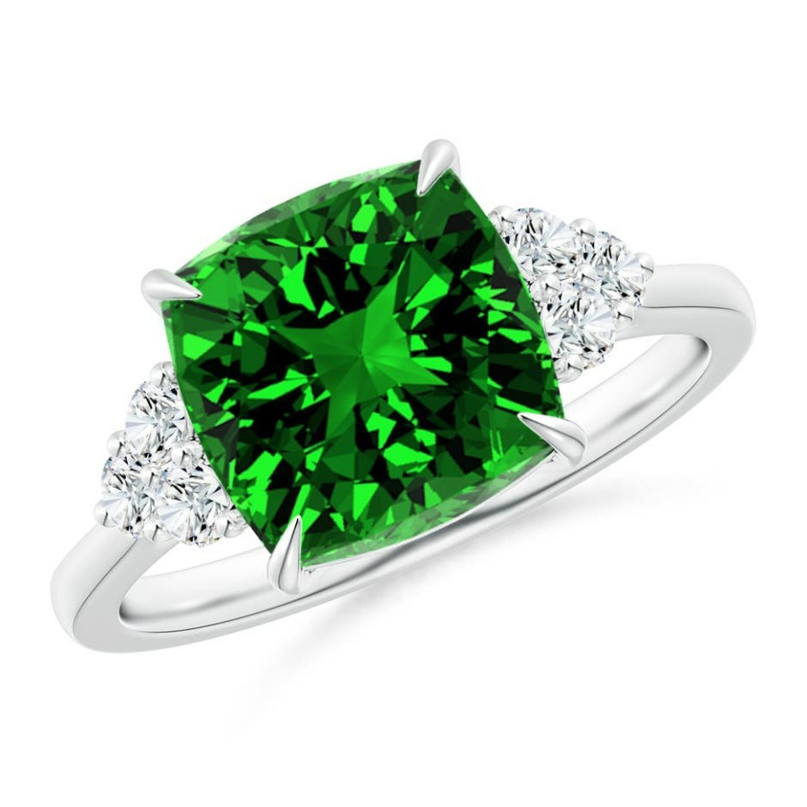 Rings Angara Emerald | Lab-Grown Cushion Emerald Engagement Ring With Trio Diamonds