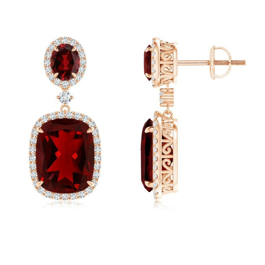 Earrings Angara Garnet | Two Tier Claw-Set Garnet Dangle Earrings With Diamond Halo