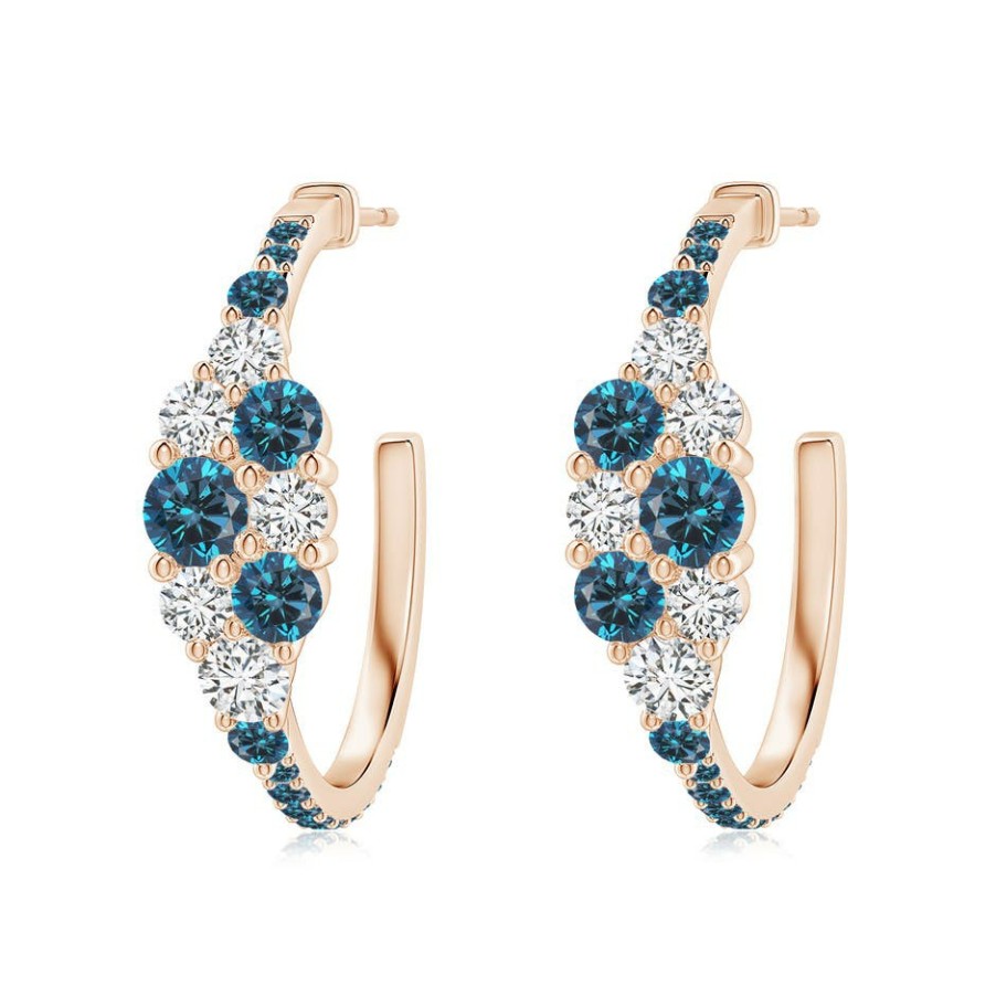 Earrings Angara Enhanced Blue | White & Blue Diamond Cluster Asymmetrical Hoop Earrings