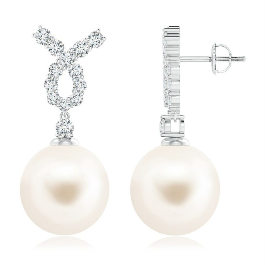 Earrings Angara Freshwater Pearl | Freshwater Pearl Earrings With Diamond Ribbon