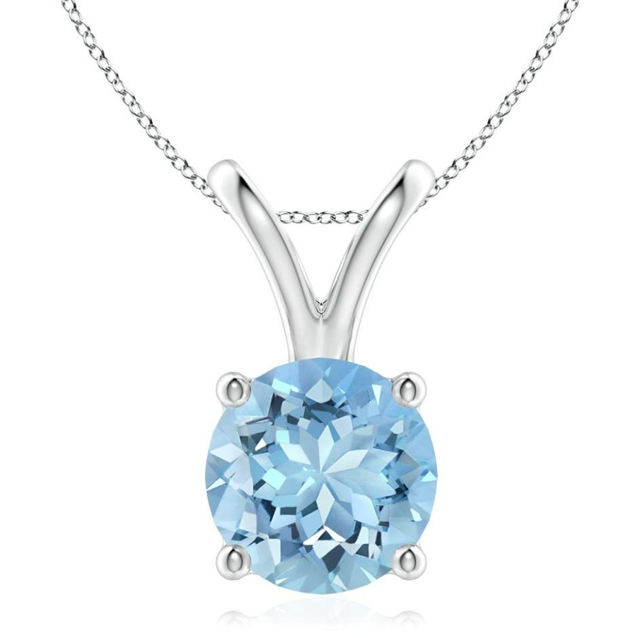 Necklaces Angara Aquamarine | V-Bale Round Aquamarine Solitaire Pendant