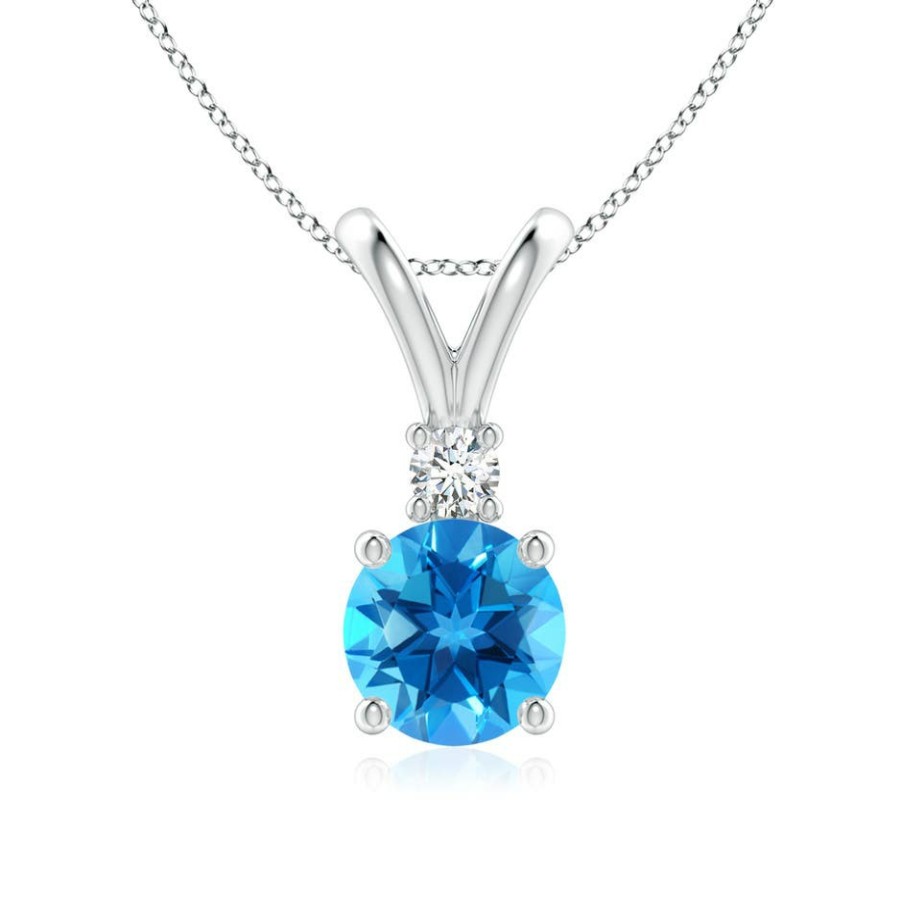 Necklaces Angara Swiss Blue Topaz | Round Swiss Blue Topaz Solitaire V-Bale Pendant With Diamond