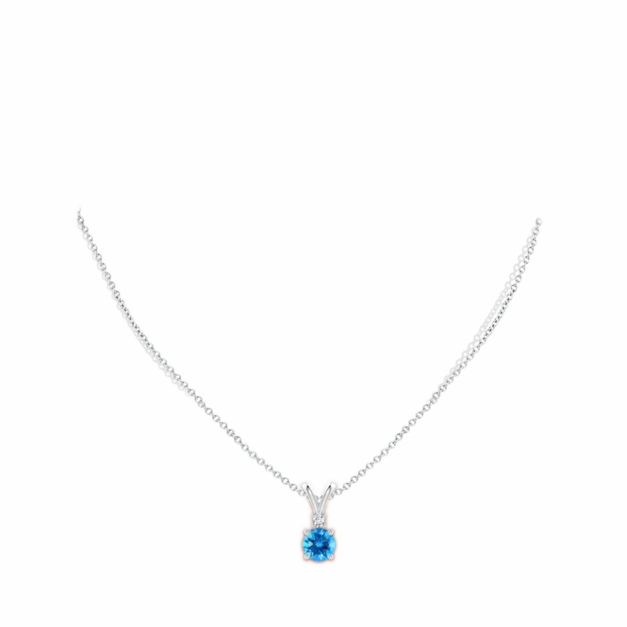 Necklaces Angara Swiss Blue Topaz | Round Swiss Blue Topaz Solitaire V-Bale Pendant With Diamond