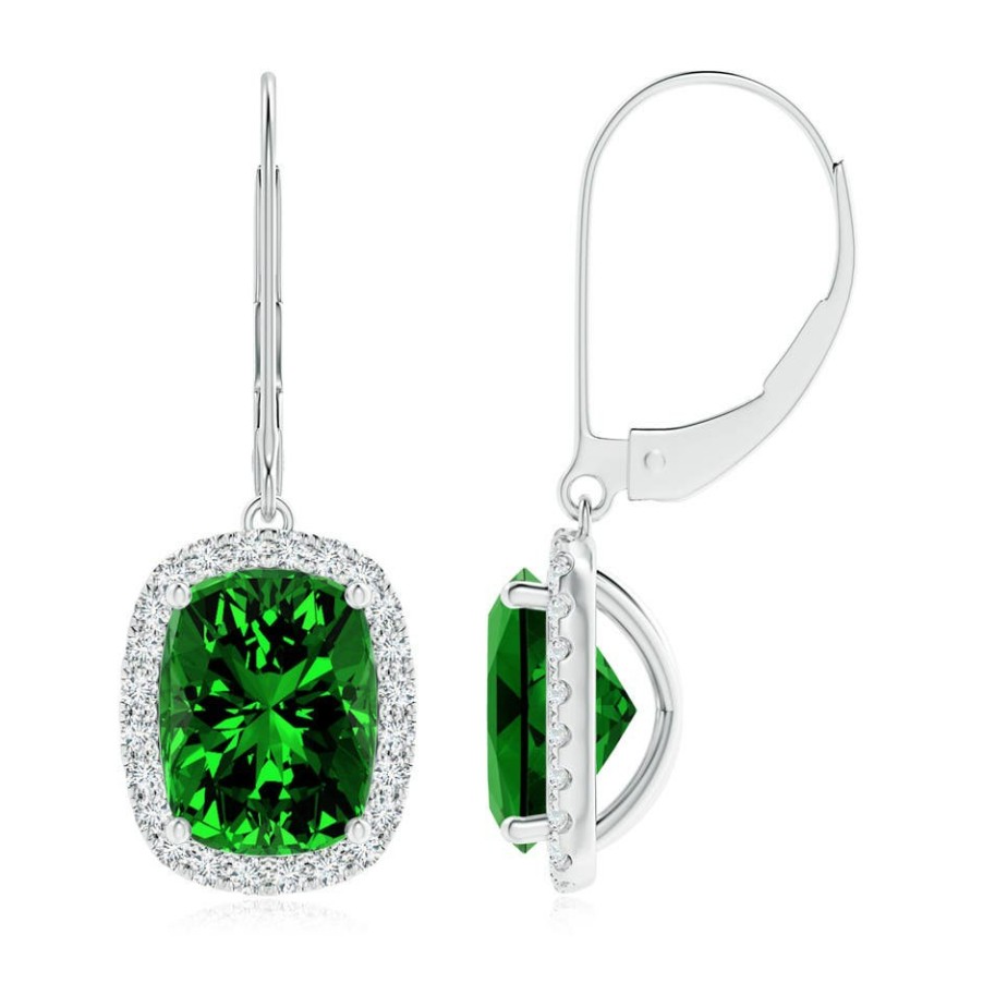 Earrings Angara Emerald | Lab-Grown Cushion Emerald Leverback Earrings With Lab Diamond Halo