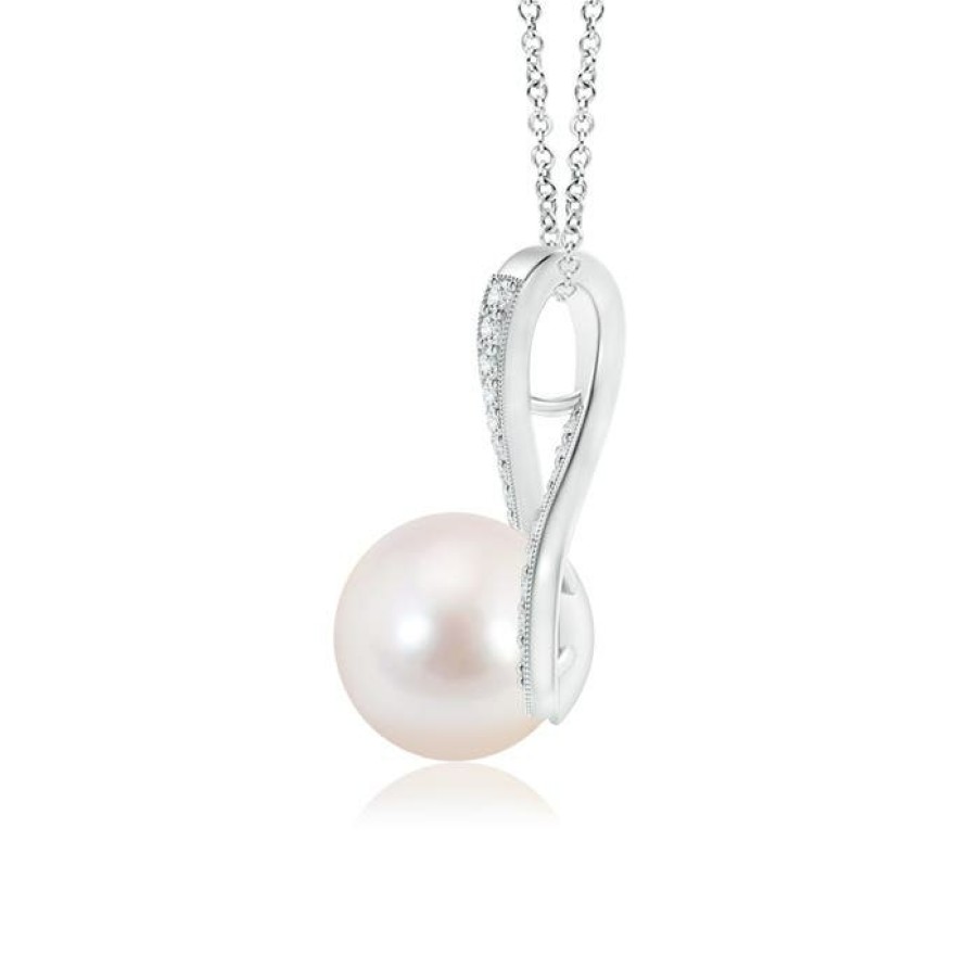 Necklaces Angara Akoya Pearl | Japanese Akoya Pearl Swirl Ribbon Pendant With Diamonds