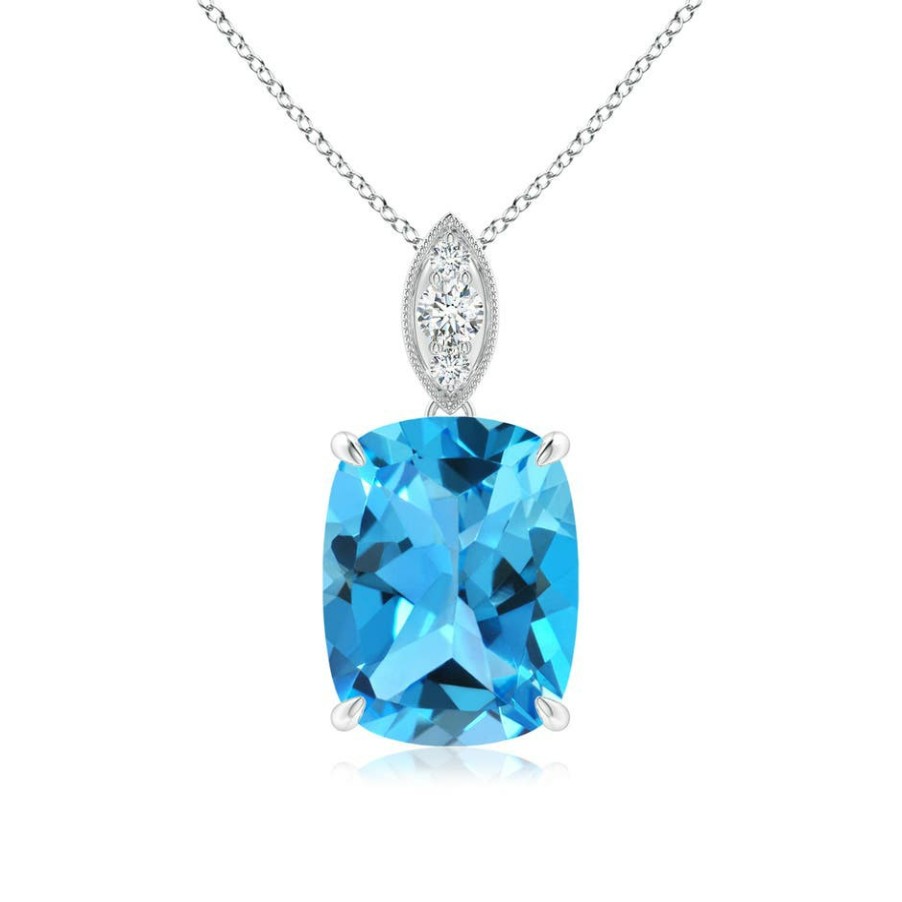 Necklaces Angara Swiss Blue Topaz | Cushion Swiss Blue Topaz Pendant With Diamond Leaf Bale