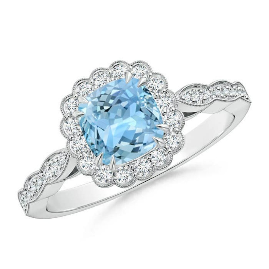 Rings Angara Aquamarine | Cushion Aquamarine Ring With Floral Halo