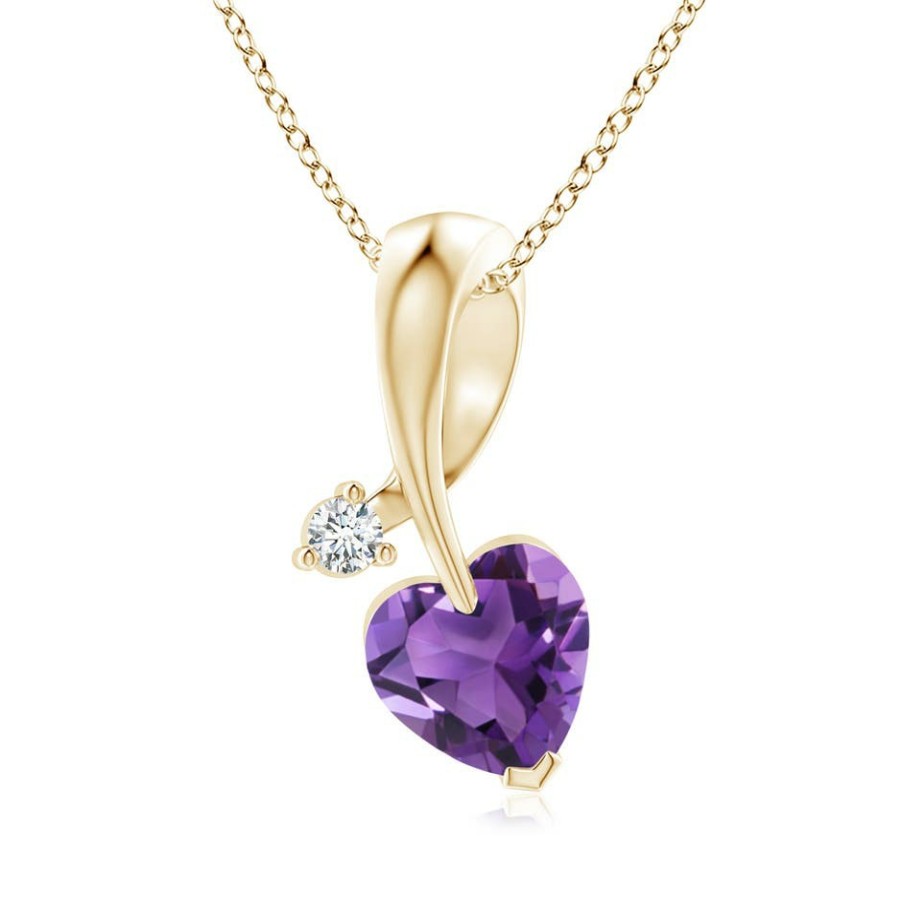 Necklaces Angara Amethyst | Heart-Shaped Amethyst Ribbon Pendant With Diamond