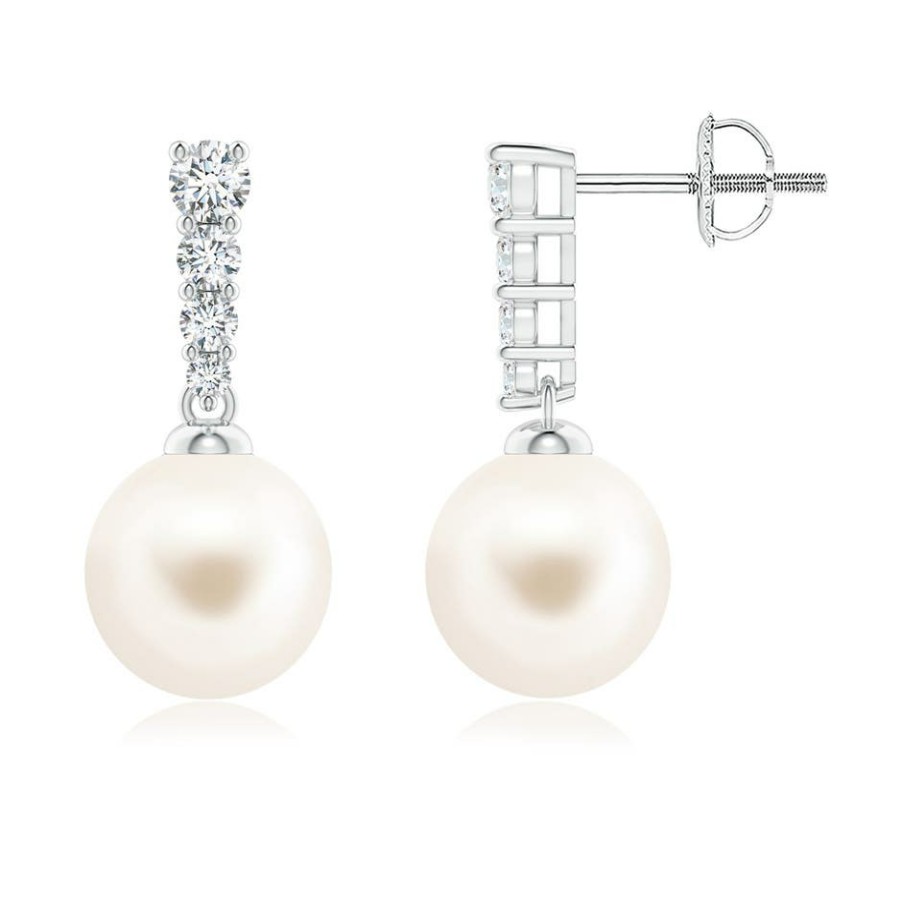 Earrings Angara Freshwater Pearl | Freshwater Pearl Earrings With Graduated Diamonds