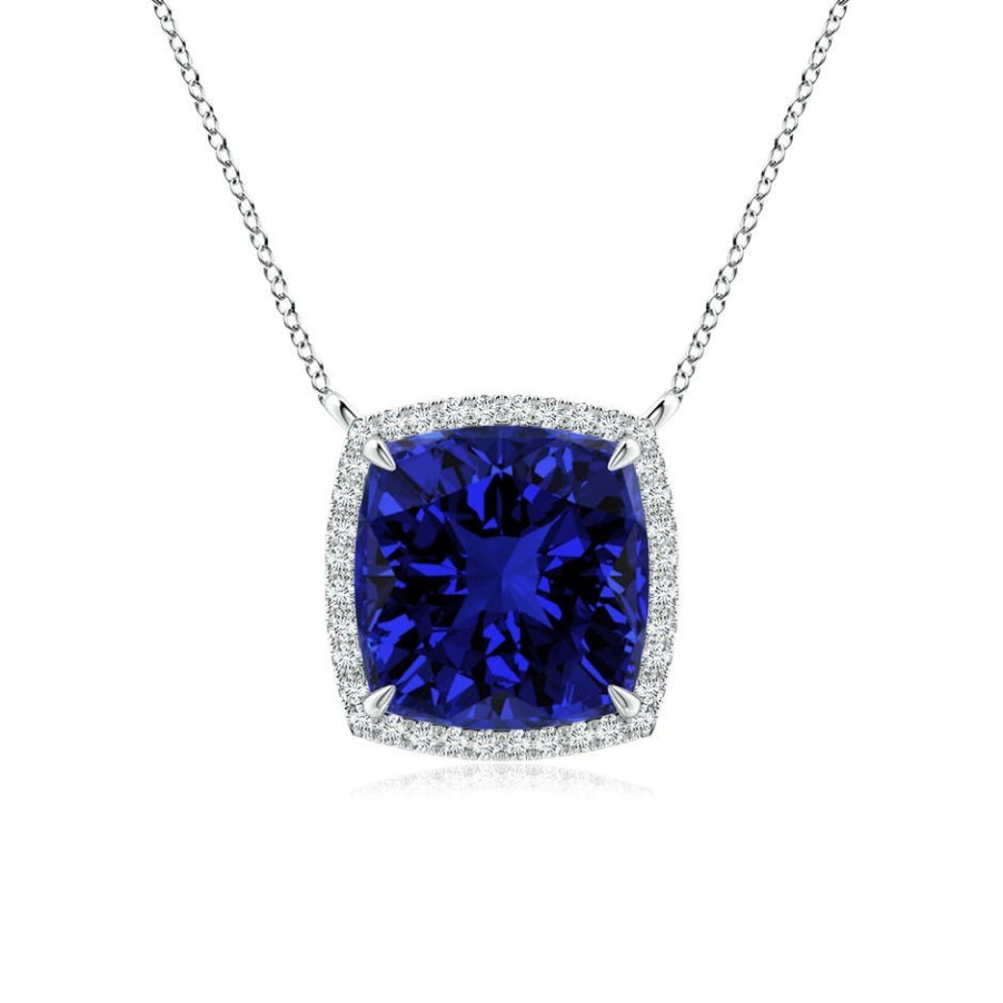 Necklaces Angara Blue Sapphire | Lab-Grown Cushion Blue Sapphire Halo Pendant With Filigree