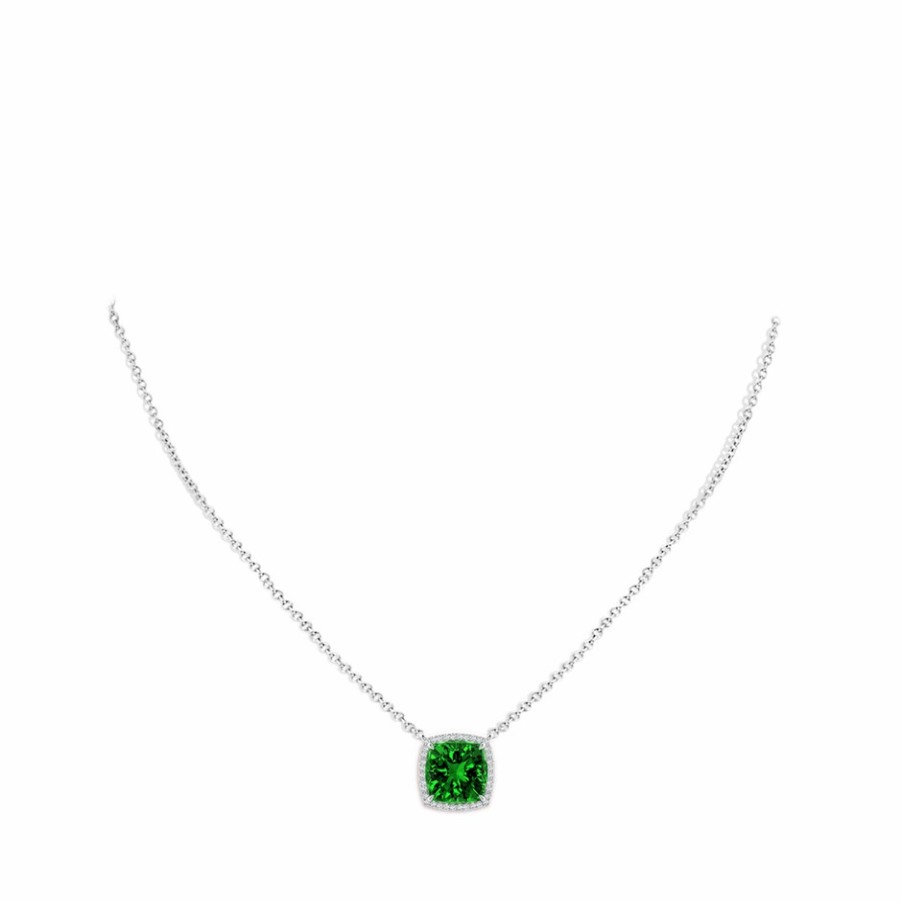 Necklaces Angara Emerald | Lab-Grown Cushion Emerald Halo Pendant With Filigree