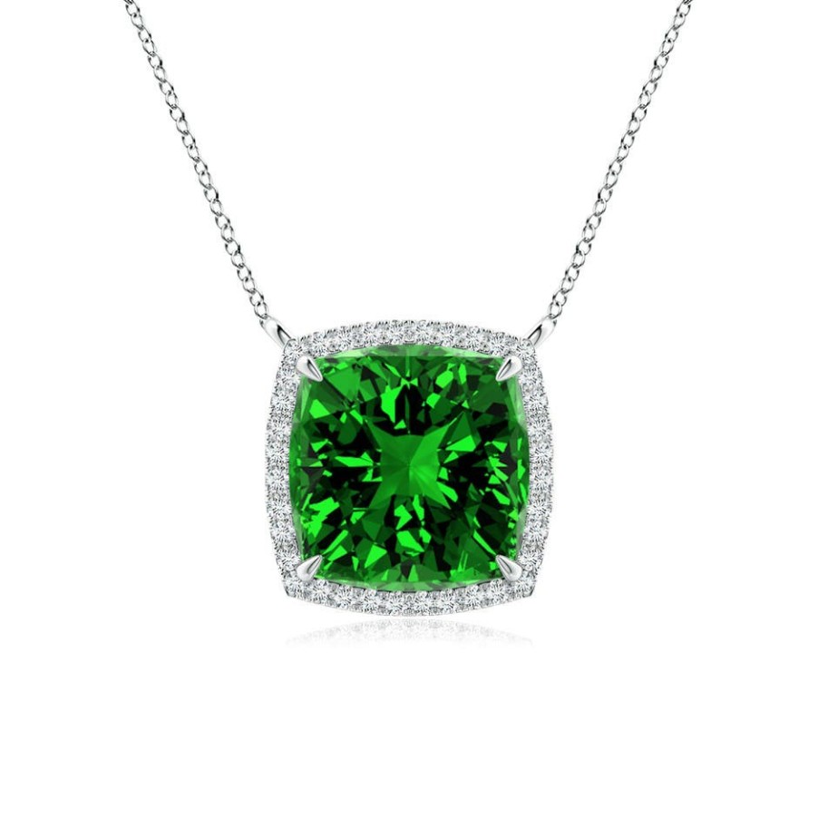 Necklaces Angara Emerald | Lab-Grown Cushion Emerald Halo Pendant With Filigree