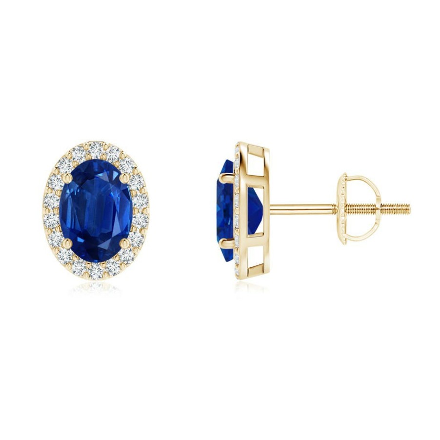 Earrings Angara Blue Sapphire | Oval Blue Sapphire Stud Earrings With Diamond Halo