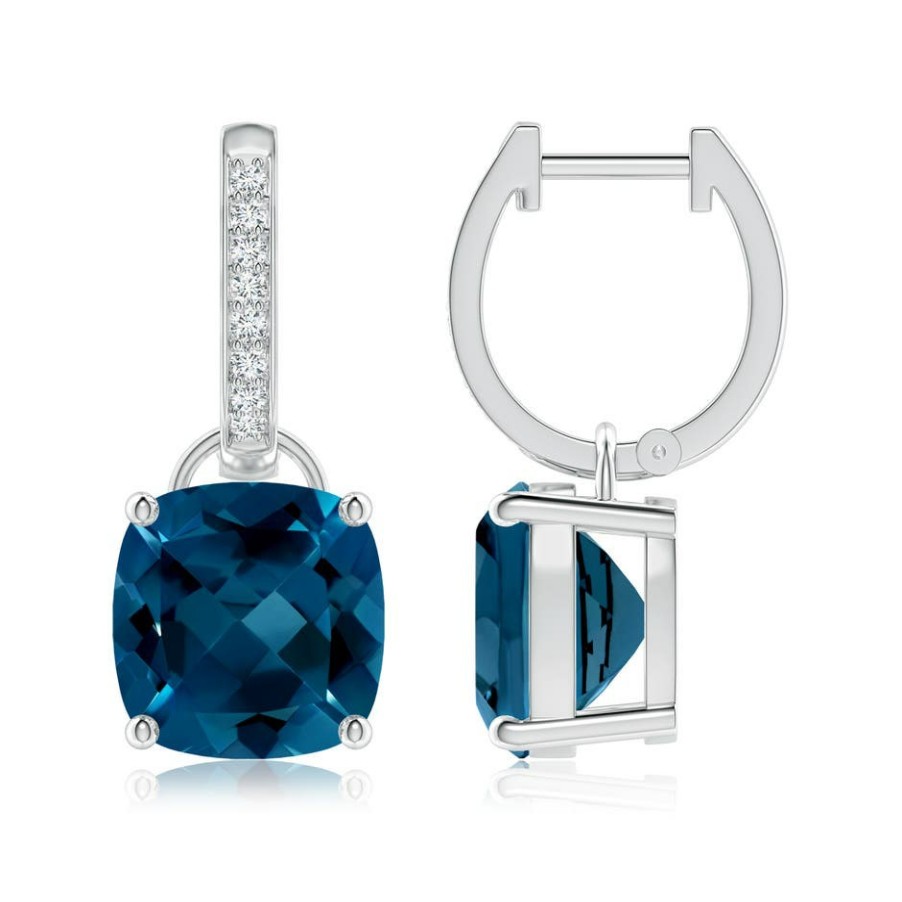 Earrings Angara London Blue Topaz | Cushion London Blue Topaz Drop Earrings With Diamond Accents