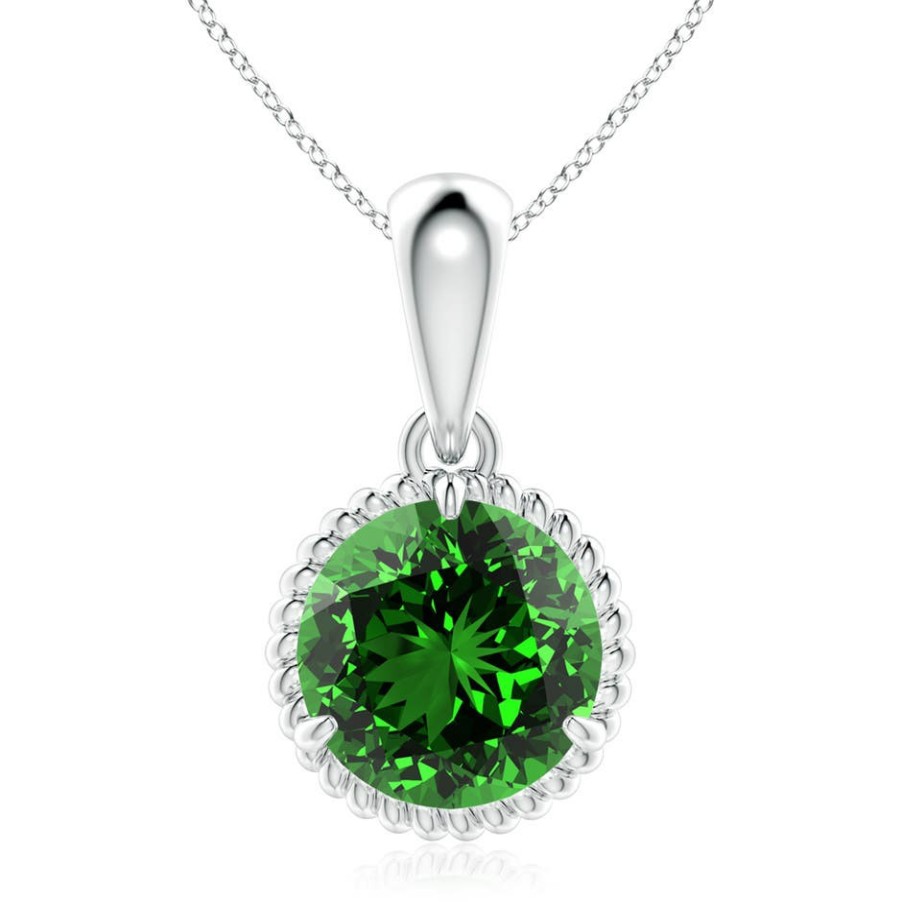 Necklaces Angara Emerald | Lab-Grown Rope-Framed Claw-Set Emerald Solitaire Pendant