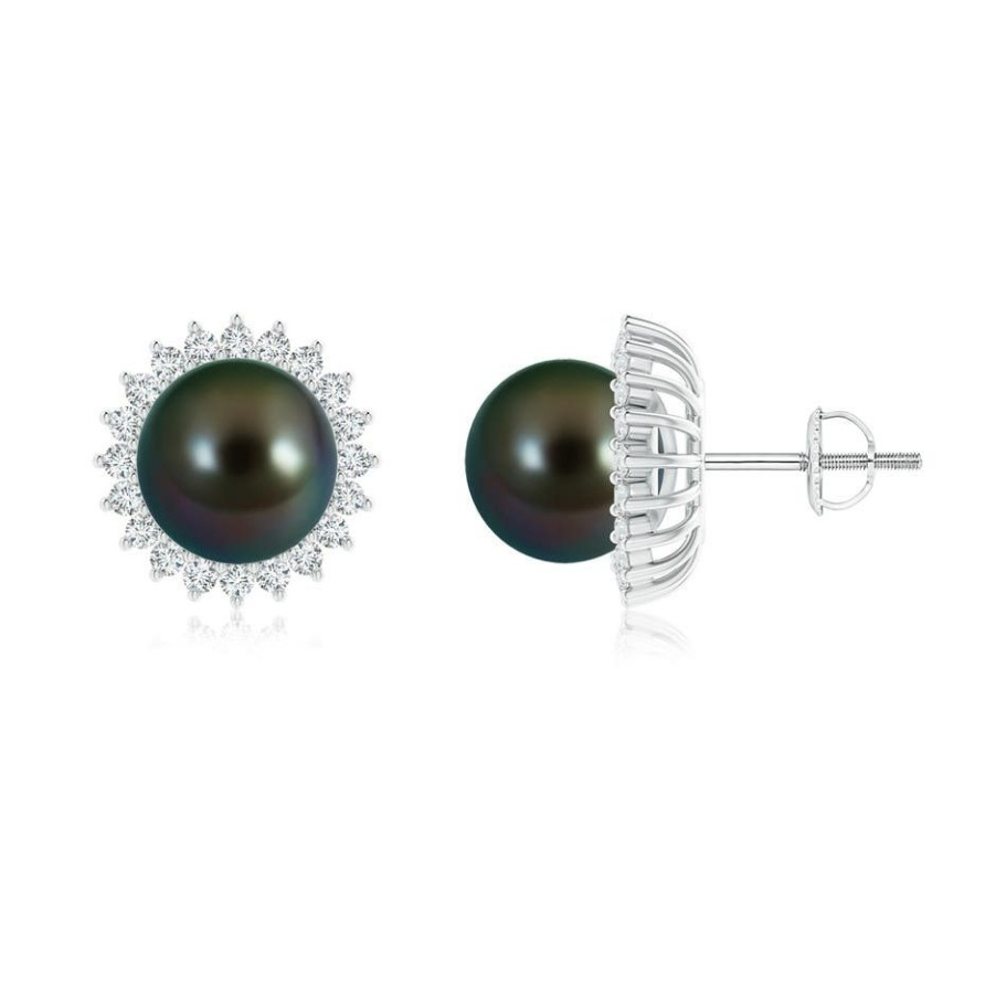 Earrings Angara Tahitian Pearl | Tahitian Pearl And Diamond Flower Halo Studs