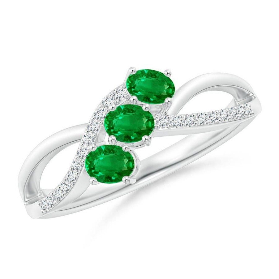 Rings Angara Emerald | Oval Emerald Three Stone Bypass Ring With Diamonds